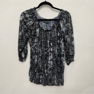 Cha Cha Vente Black, Grey Mixed Pattern Smocked Half Sleeve Top Size XL